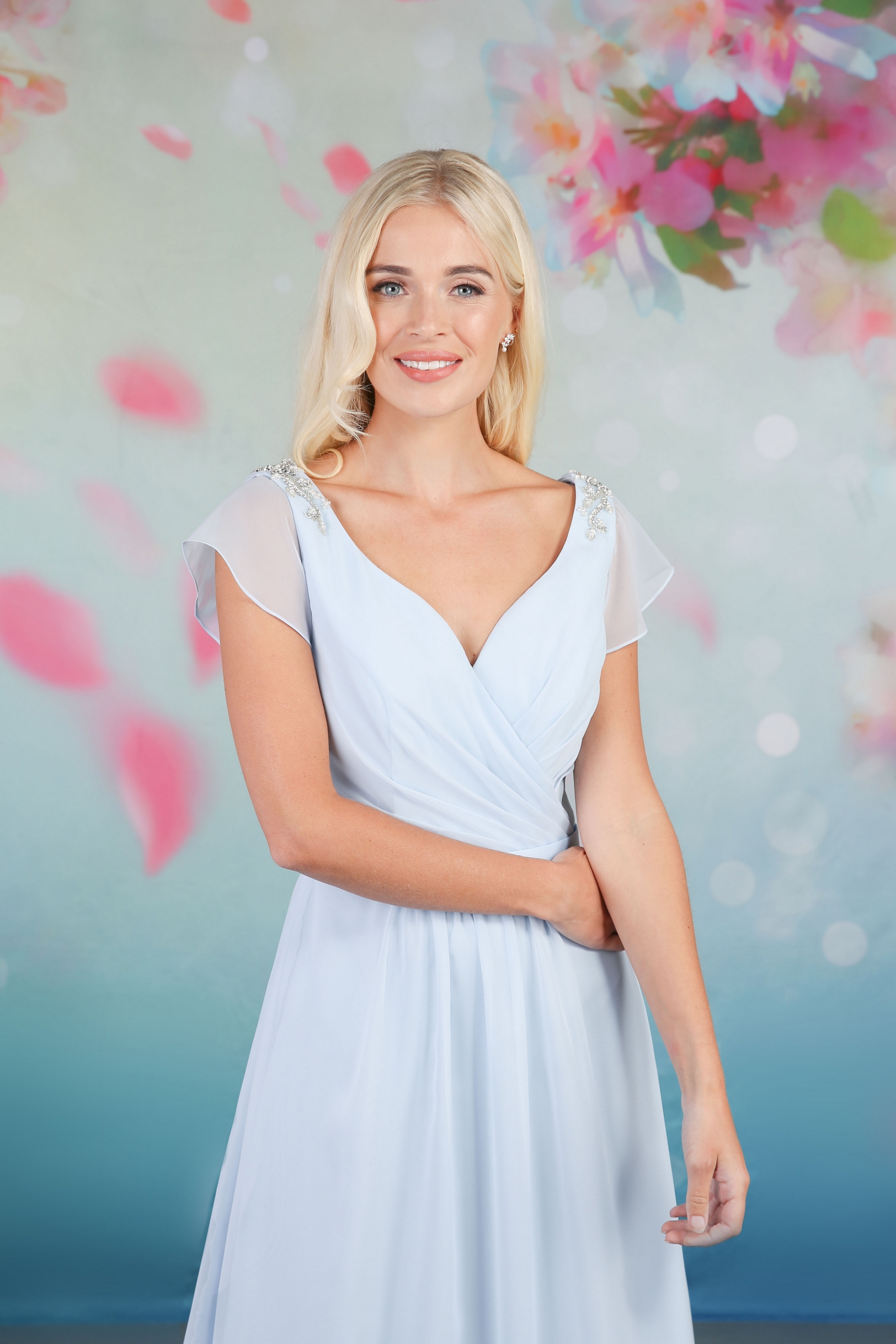 Beaded Cowl Back Chiffon Dress Emma Bridals