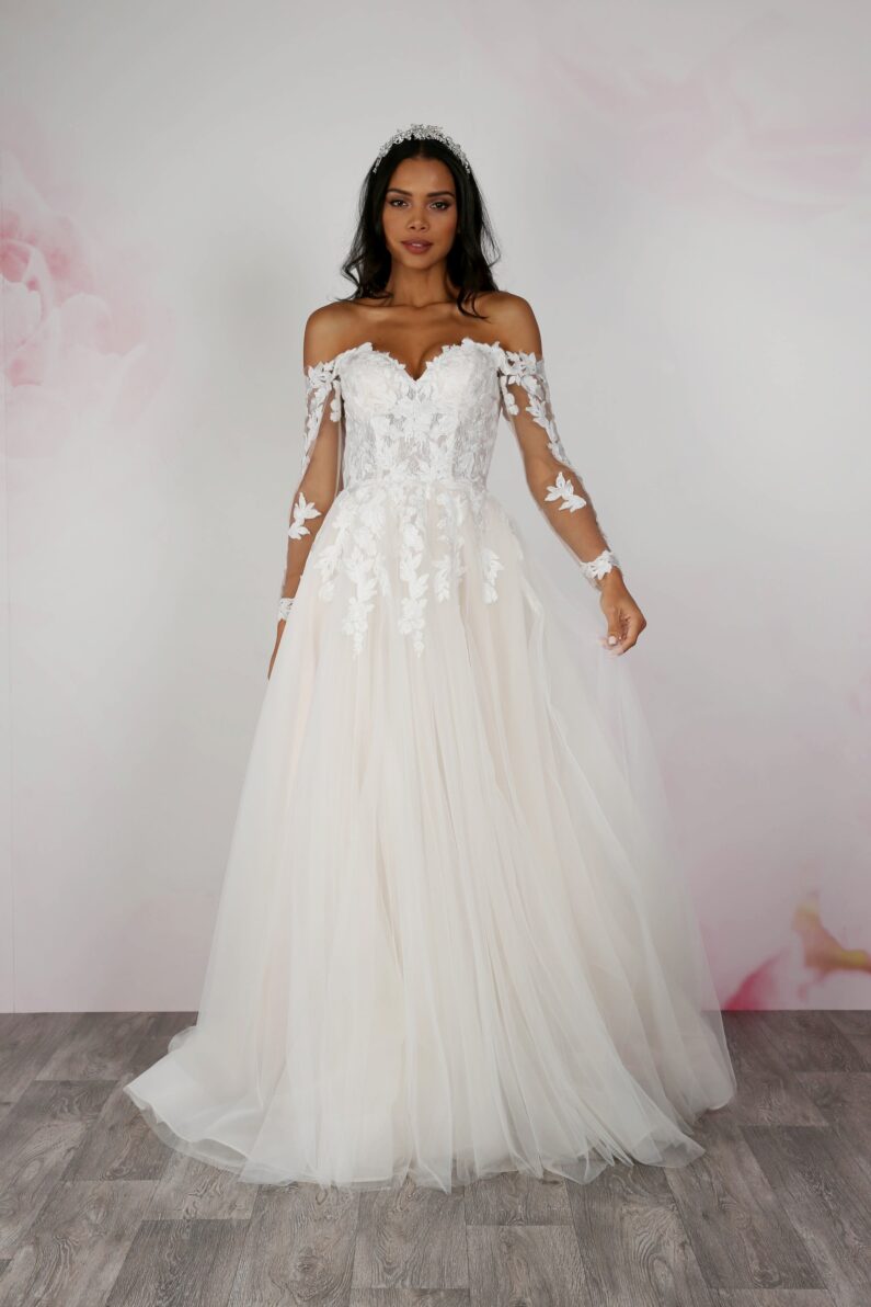 Off-the-Shoulder Embroidered Lace Sleeves Dress - Emma Bridals Off-the-Shoulder Embroidered Lace Sleeves Dress - Emma Bridals