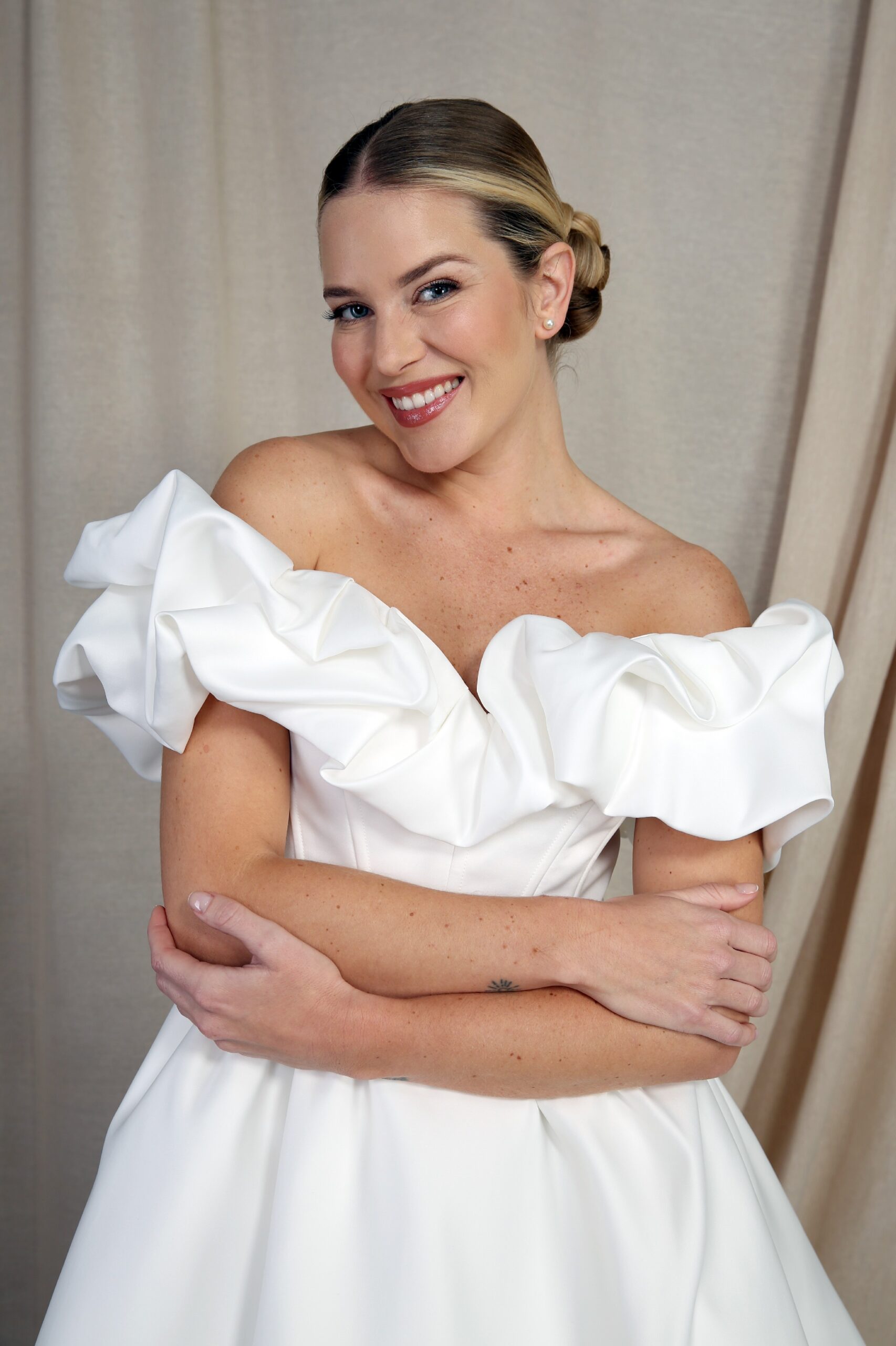 Ruffle Bardot Mini Dress - Emma Bridals