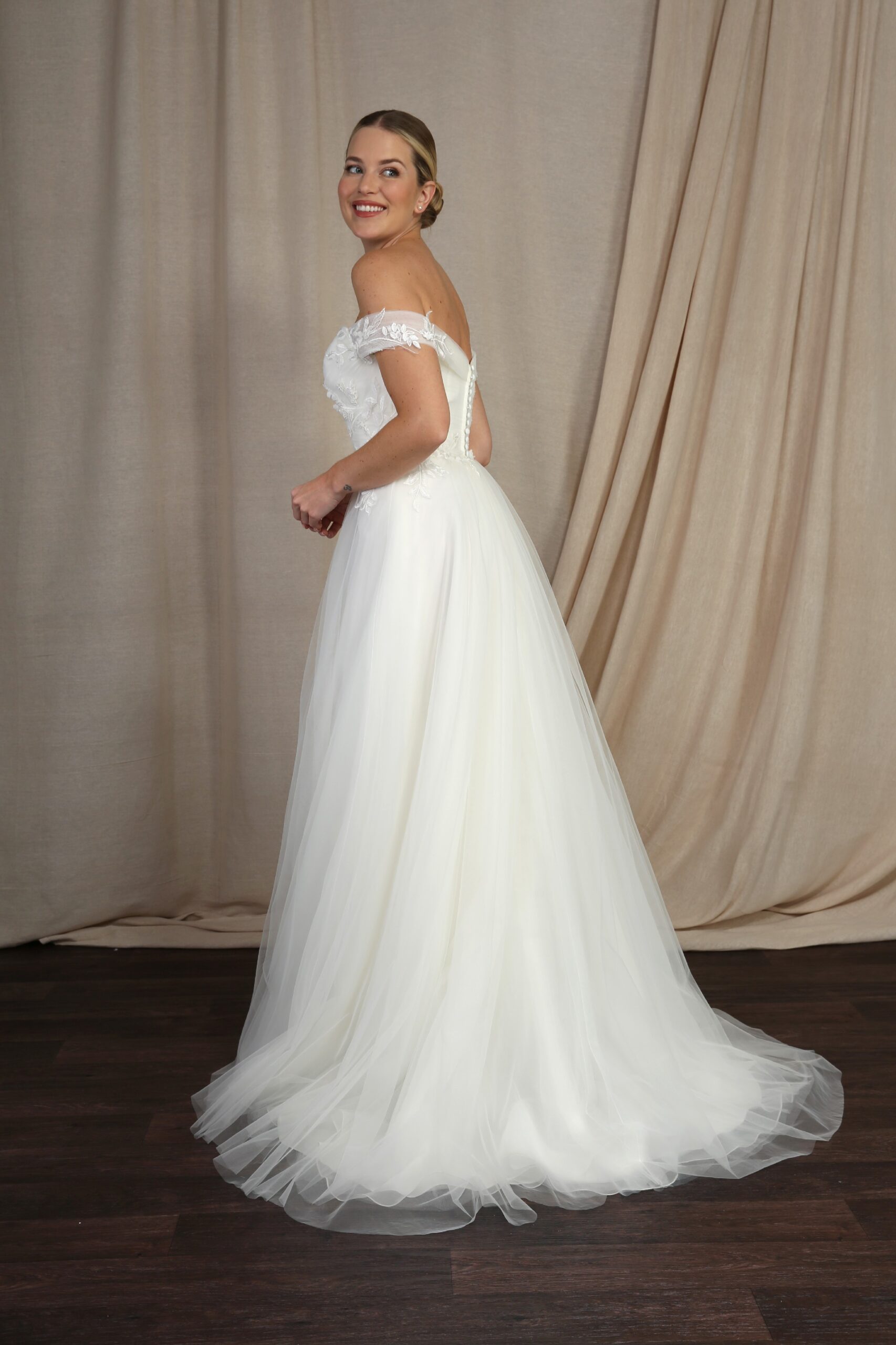 Tulle and Lace Applique Bardot Gown - Emma Bridals Tulle and Lace Applique Bardot Gown - Emma Bridals