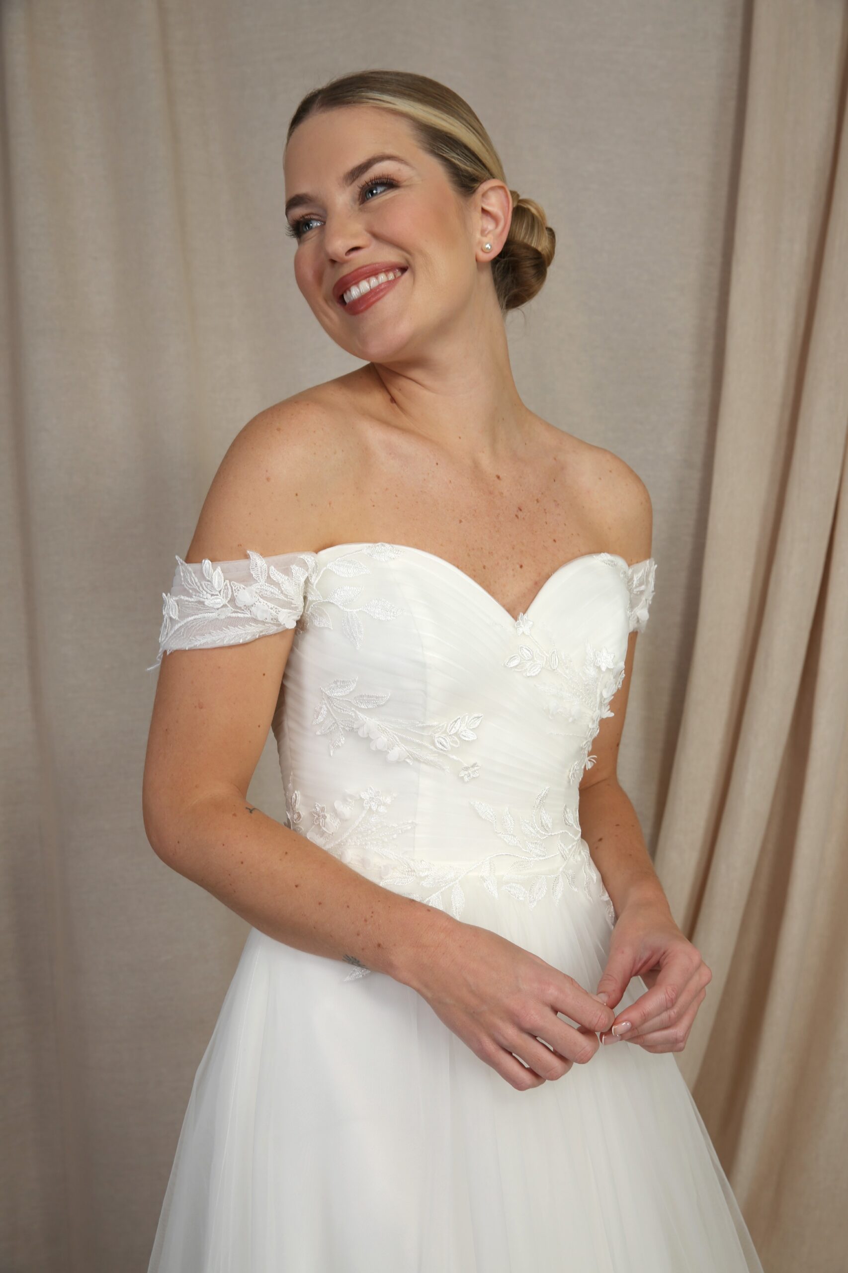 Tulle and Lace Applique Bardot Gown - Emma Bridals Tulle and Lace Applique Bardot Gown - Emma Bridals