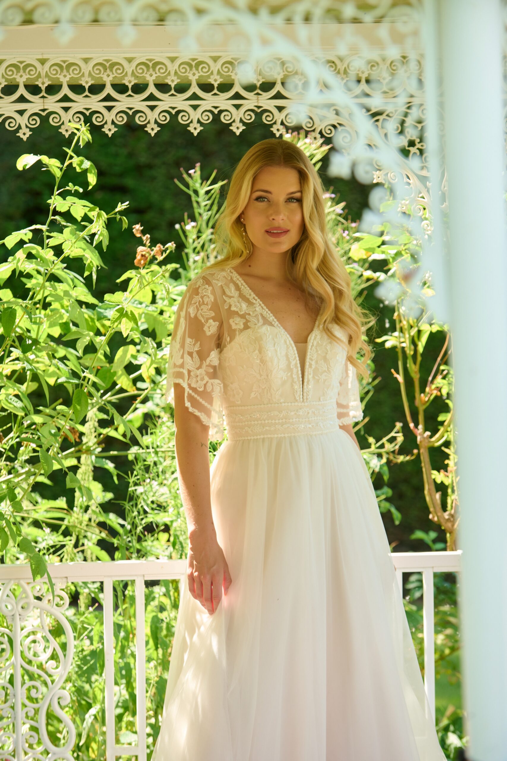 Embroidered Flutter Sleeve Gown - Emma Bridals