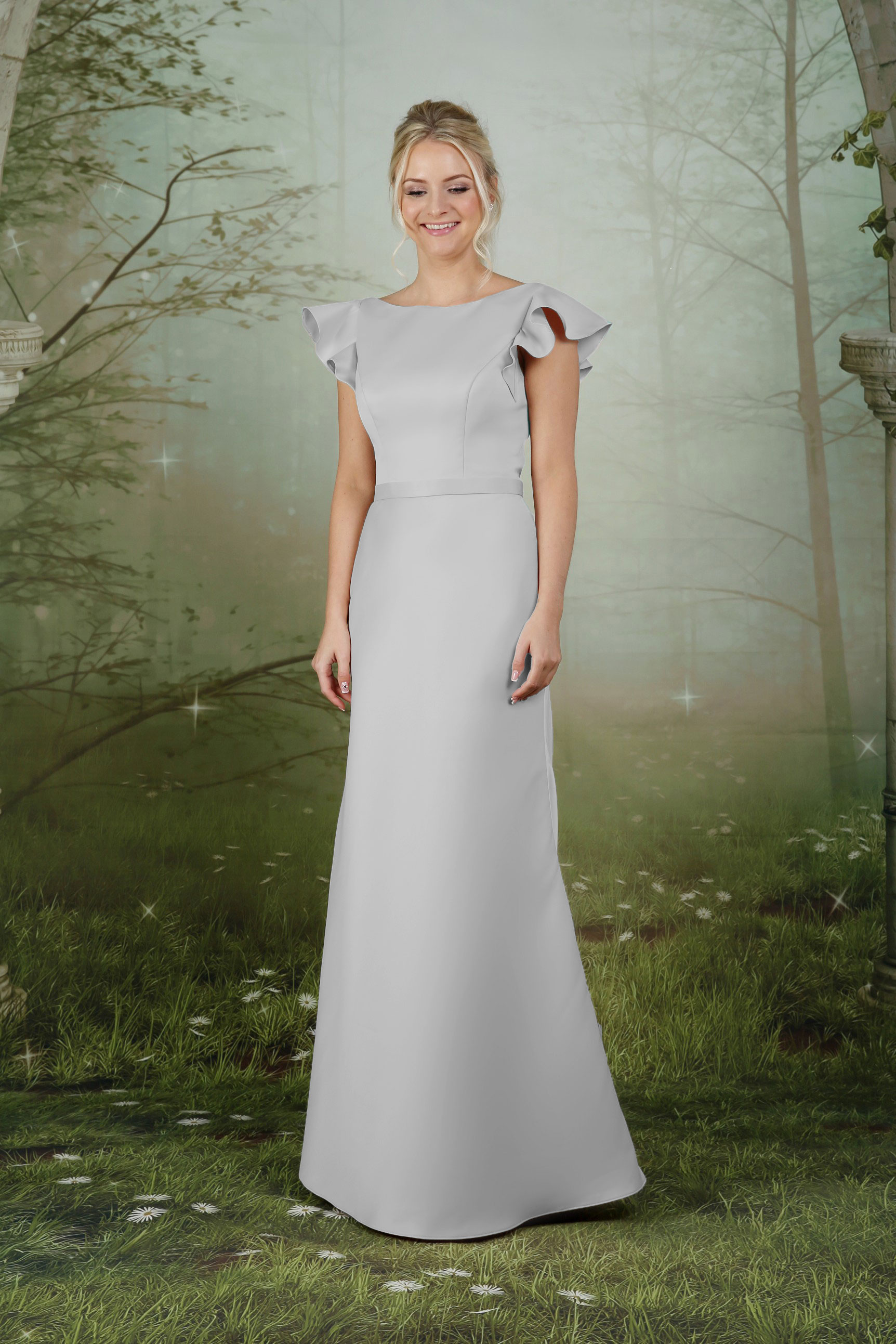 Ruffle Sleeve Full Satin Dress Emma Bridals